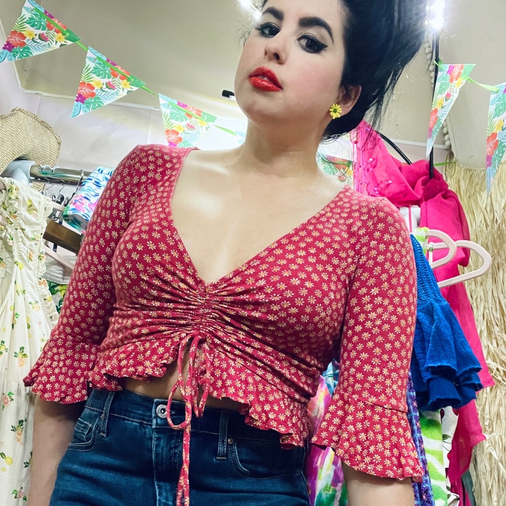 Urban Outfitters Dark Red Ruched Flower bell sleeved Crop Top